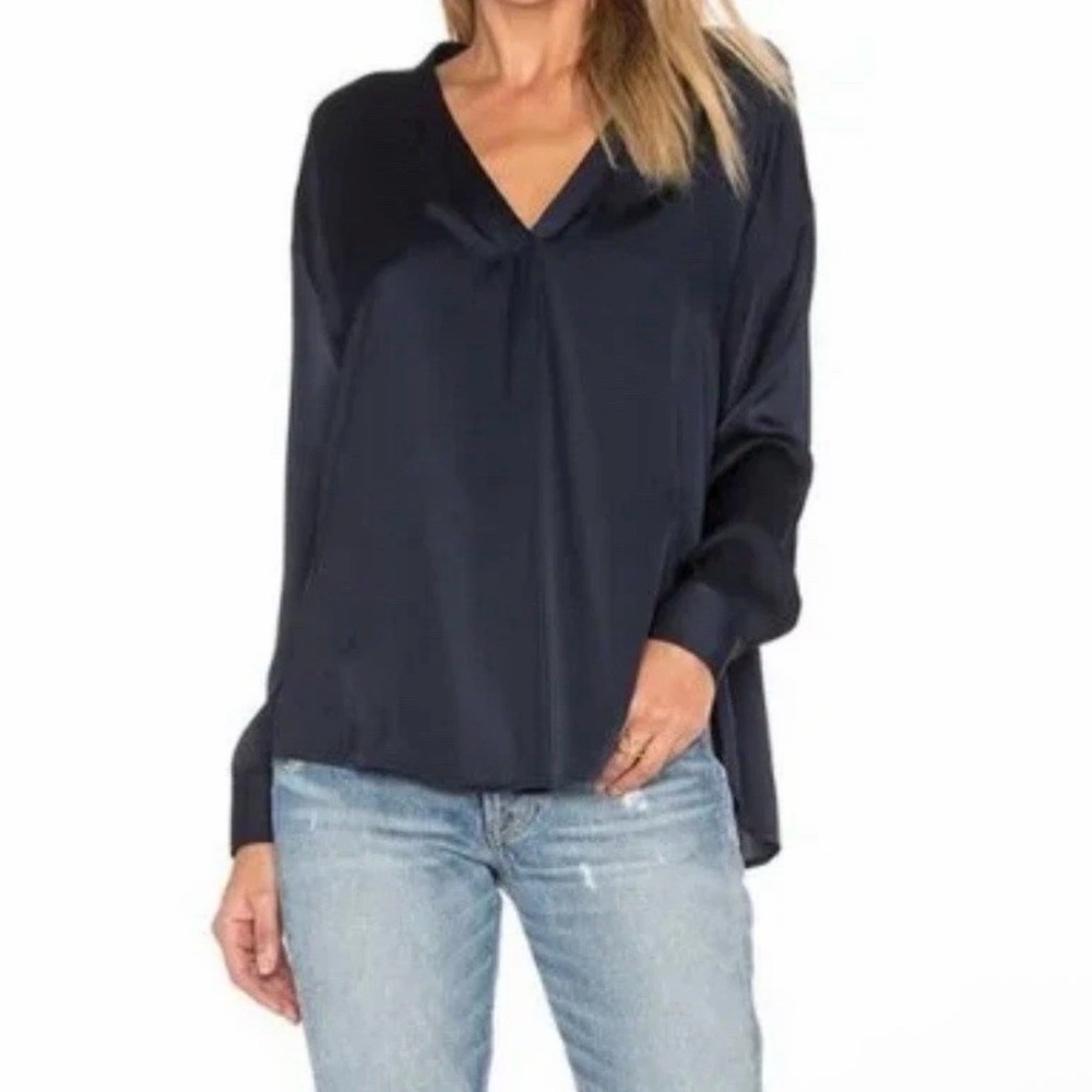 Vince Silk Long Sleeve Blouse XS Blue V Neck Button Cuff Tunic Business Work Top